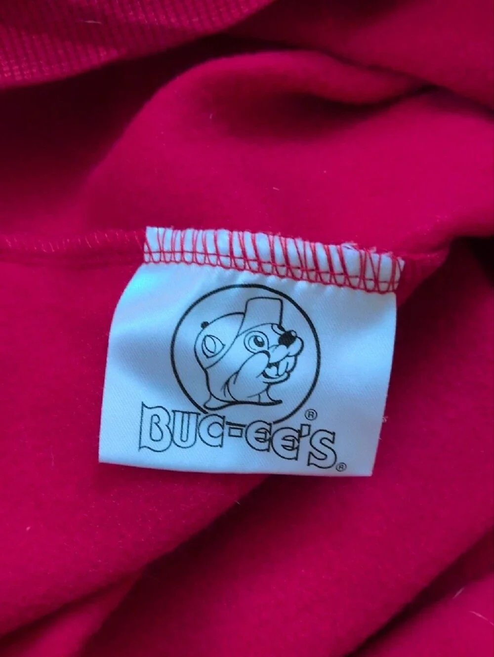 Vibrant Red Dog Hoodie with Playful Buc-ee's Mascot Graphic Size L
